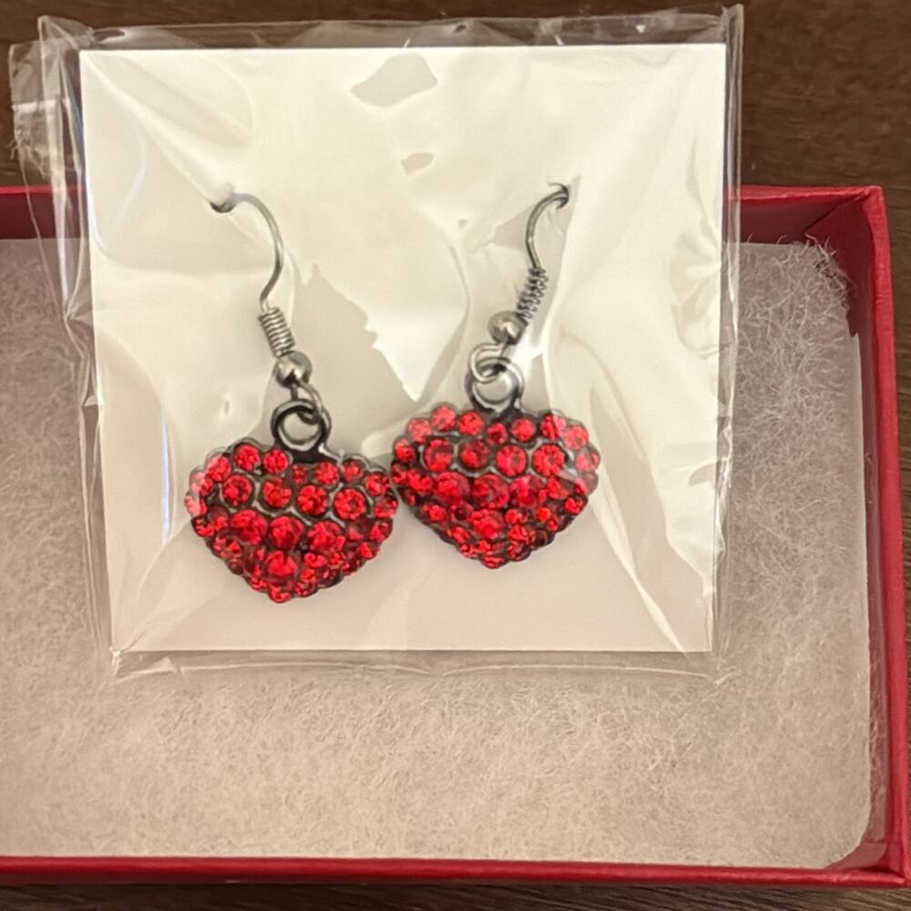 Heart-Shaped Red Crystal Earrings NIB